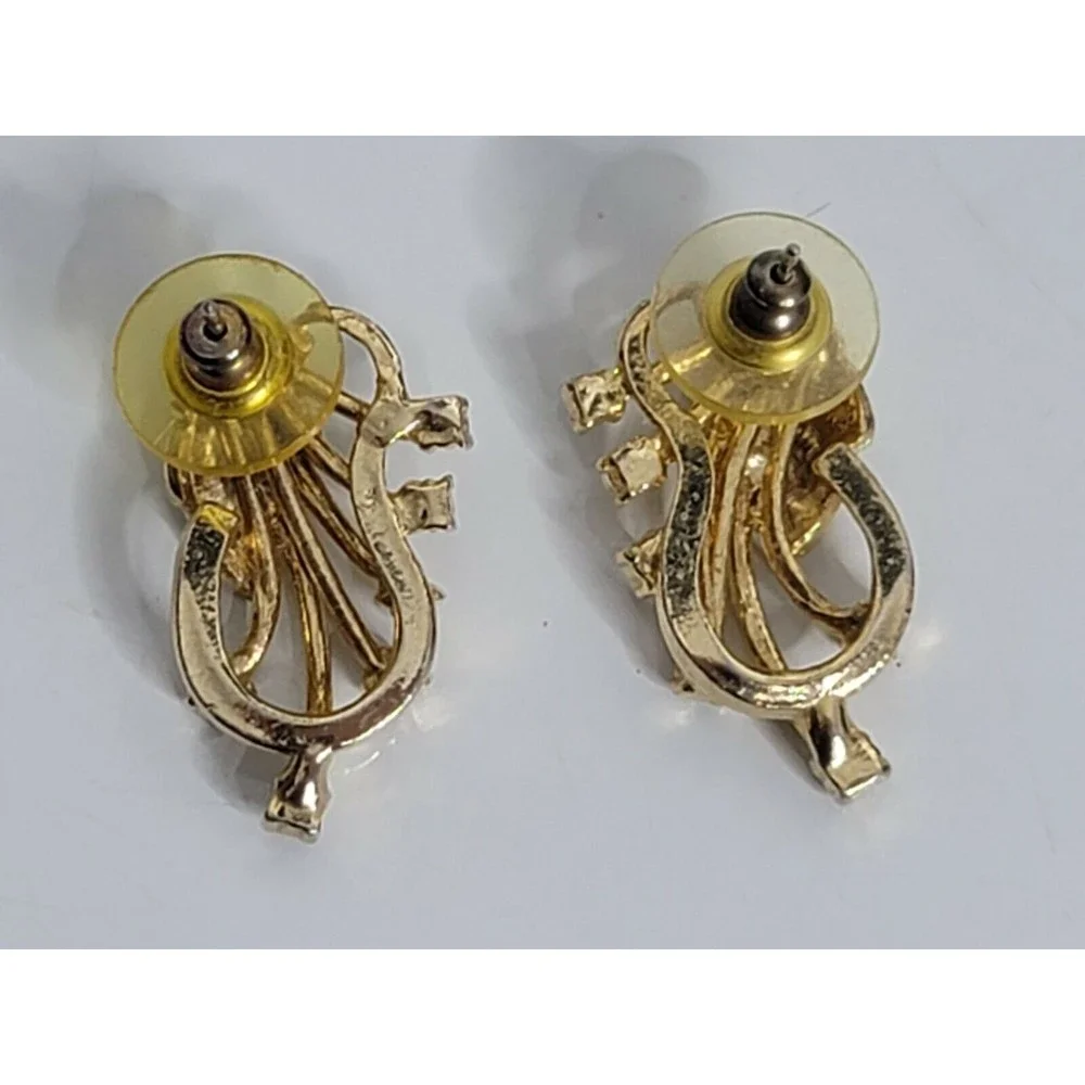 Vintage Leaf Design Clear Rhinestone Gold Tone Earrings - Picture 4 of 4